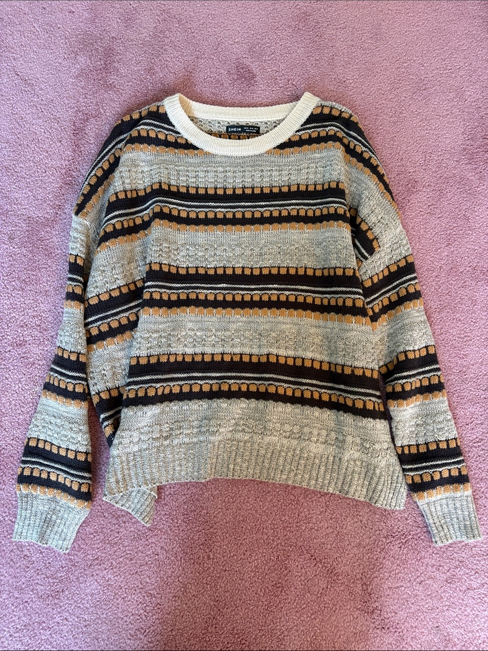 SHEIN Striped Crewneck Sweater in Gray, Mustard & Black
